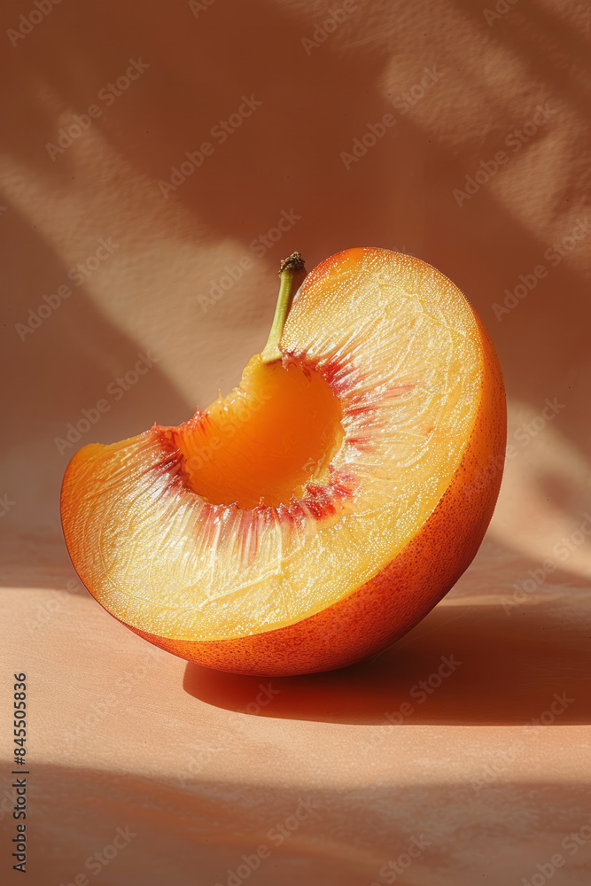 Poster elegant shot of a partially eaten peach against a soft beige backdrop,