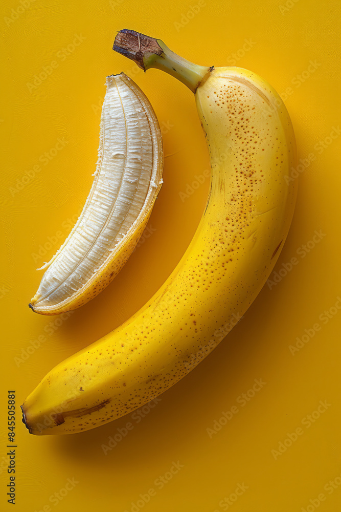 Poster simple photo of a partially eaten banana against a solid yellow backdrop,