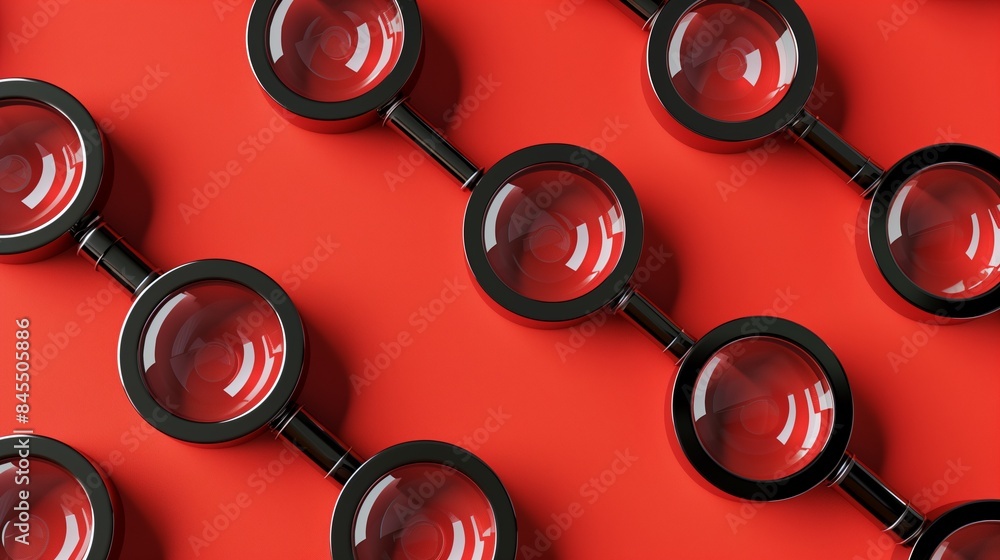 Poster gleaming black magnifying glasses arranged in an aesthetically pleasing pattern on a red background.
