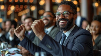 Diverse Group of Businesspeople Cheering and Celebrating Success at Corporate Event