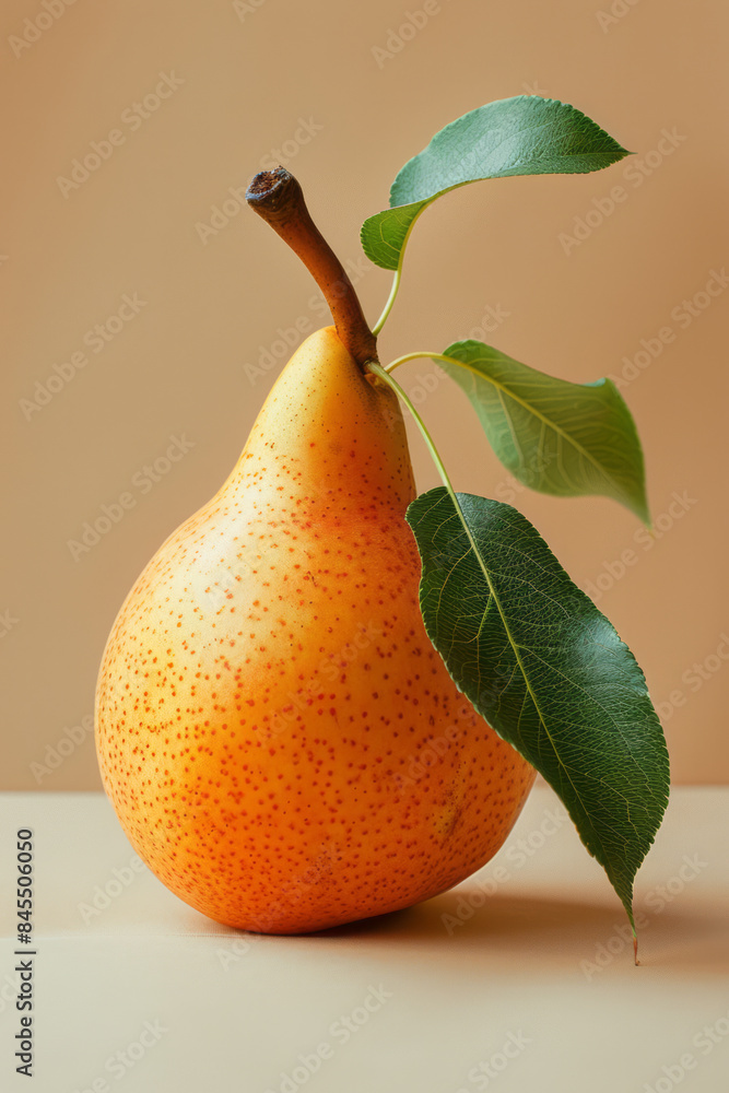 Poster minimalist image of a bitten pear slice on a plain beige background,