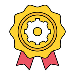 Pleated Rosette with cogwheel concept, presented to mark an achievement vector outline design, Industrial EquipmentSymbol, 1st of May Sign,  International Workers Day stock illustration
