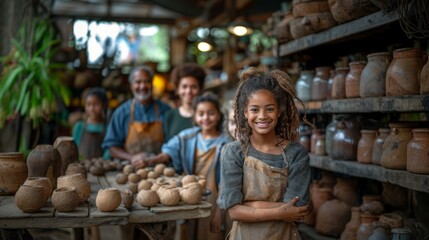 Diverse Group of Friends and Family Enjoying Pottery Together in a Workshop