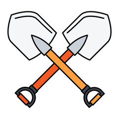 Crossed industrial spade tool concept, Pair of Curved Shovel with Long wooden Handle vector outline design, Industrial EquipmentSymbol, 1st of May Sign,  International Workers Day stock illustration