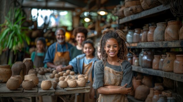 Diverse Group of Friends and Family Enjoying Pottery Together in a Workshop