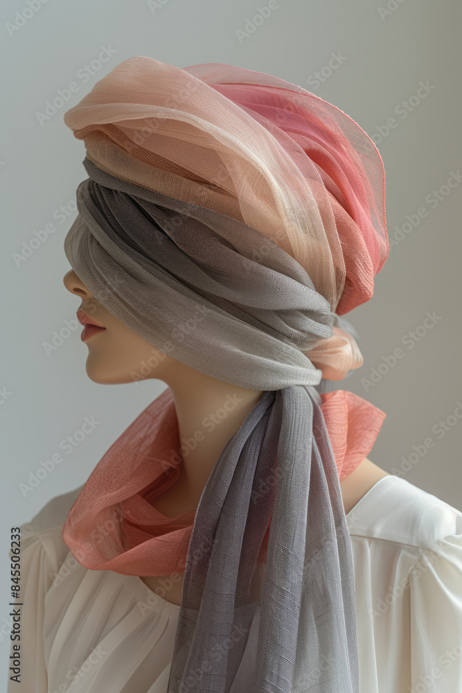 Poster minimalist image of a designer layering fabrics on a dress form in a softly lit studio,