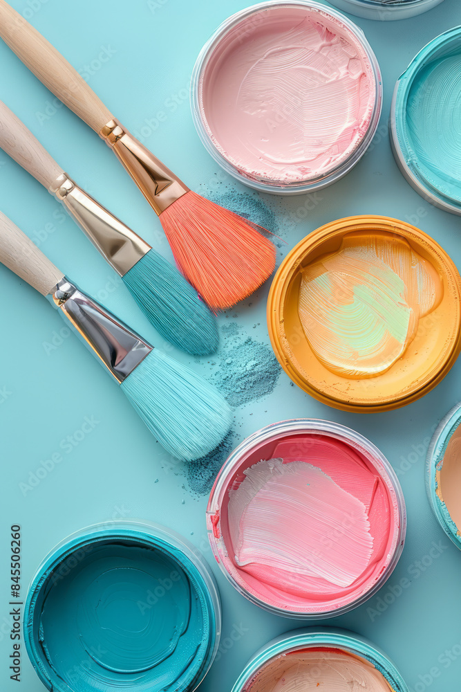 Poster Minimalist image of a designer's workspace with neatly arranged tools and pastel materials.