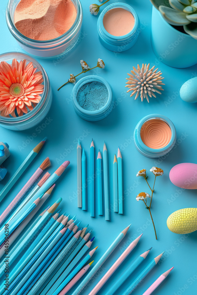 Poster Minimalist image of a designer's workspace with neatly arranged tools and pastel materials.