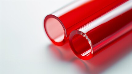 Closeup of two red glossy tubes on a white background.