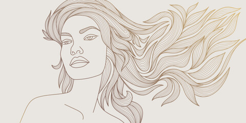 Vector gold woman portrait, line girl face illustration, fashion sketch. Nature, organic beauty products concept. Long hair lady, wall art, spa, salon logo