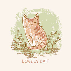 Cute cat, kitten with floral plants and flower on background vintage hand drawn vector illustration.