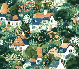 Whimsical Storybook Inspired Cottages Nestled in Lush Overgrown Gardens with Vibrant Floral Patterns and Rustic Charm