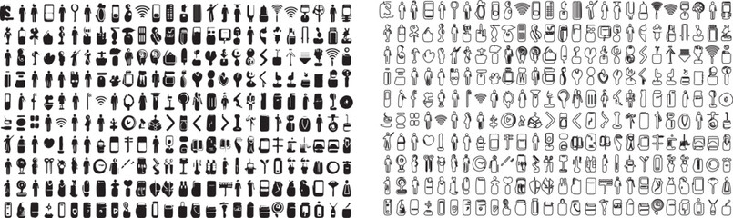 Each round icon represents a unique object or concept, from modern digital devices such as smartphones social and laptops to more abstract symbols like facebook, twitter, IMO, Youtube, Wi-Fi signals