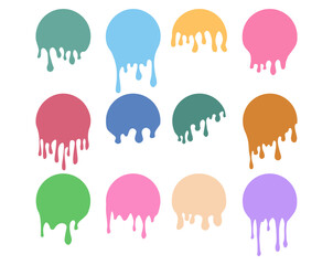 Set of colorful drips circle labels. Paint drip stickers. Current liquid and paint flows. Inkblot