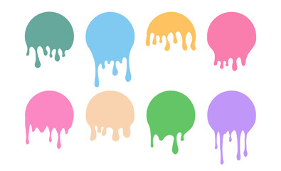 Set of colorful drips circle labels. Paint drip stickers. Current liquid and paint flows. Inkblot
