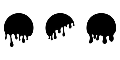 Set of drip circle labels. Paint drip stickers. Black paint liquid. Black inkblot