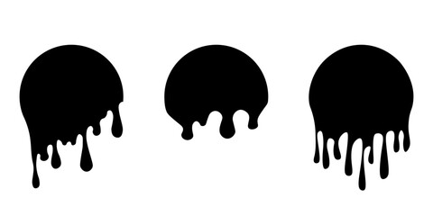 Set of drip circle labels. Paint drip stickers. Black paint liquid. Black inkblot