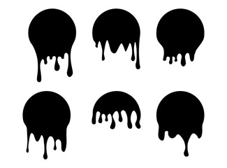 Set of drip circle labels. Paint drip stickers. Black paint liquid. Black inkblot