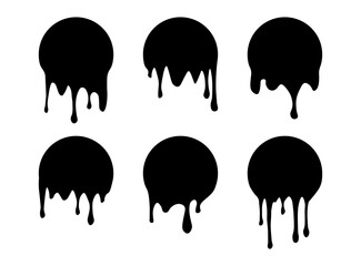 Set of drip circle labels. Paint drip stickers. Black paint liquid. Black inkblot