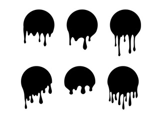 Set of drip circle labels. Paint drip stickers. Black paint liquid. Black inkblot