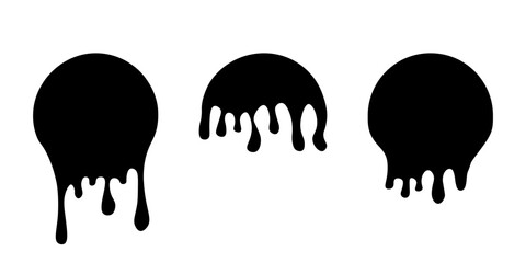 Set of drip circle labels. Paint drip stickers. Black paint liquid. Black inkblot