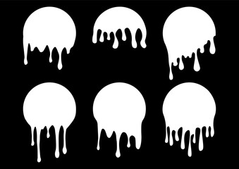 Set of drip circle labels. Paint drip stickers. White paint liquid. White inkblot
