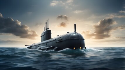 Wide banner with copy space area, generic military nuclear submarine blasting underwater torpedoes while floating in the middle of the ocean