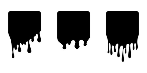 Set of drip square labels. Paint drip stickers. Black paint liquid. Black inkblot