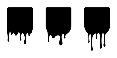 Set of drip square labels. Paint drip stickers. Black paint liquid. Black inkblot