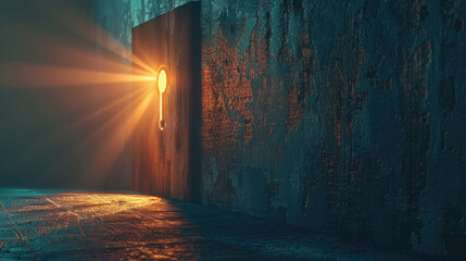 A door with a keyhole shines with light. It represents dreams, success, and opportunities for businesses.