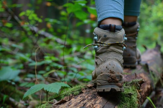 Hiking Boots: Girl Hiker Taking a Step on the Path with Foot Log