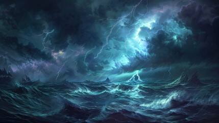 Fototapeta premium A fierce storm rages over the dark ocean, illuminating the night with jagged lightning and towering waves.