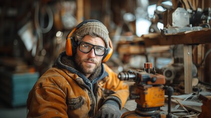 Obraz premium Woodworker Wearing Noise-Canceling Ear Muffs Working in Workshop