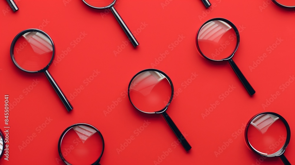 Poster gleaming black magnifying glasses arranged in an aesthetically pleasing pattern on a red background.