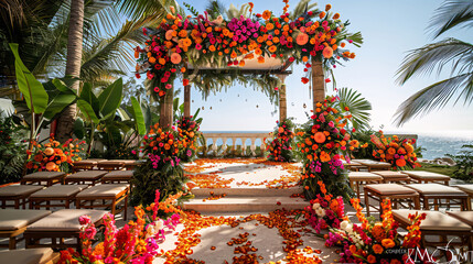 Beautiful wedding ceremony setup with colorful floral decorations and traditional elements
