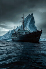 Obraz premium a large ship navigating dark, icy waters with towering icebergs and a cloudy sky overhead