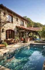 a rustic stone house with a pool, wooden doors, and ivy, creating a tranquil, picturesque setting
