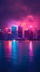 Fototapeta premium Vibrant Neon Cityscape for Urban Product Showcase and Nightlife Accessories