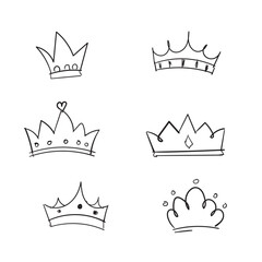 Set of Hand drawn doodle King crown sketches or majestic tiara, queen royal diadems. Line art prince and princess luxurious crowns head accessories isolated on white background, vector. 