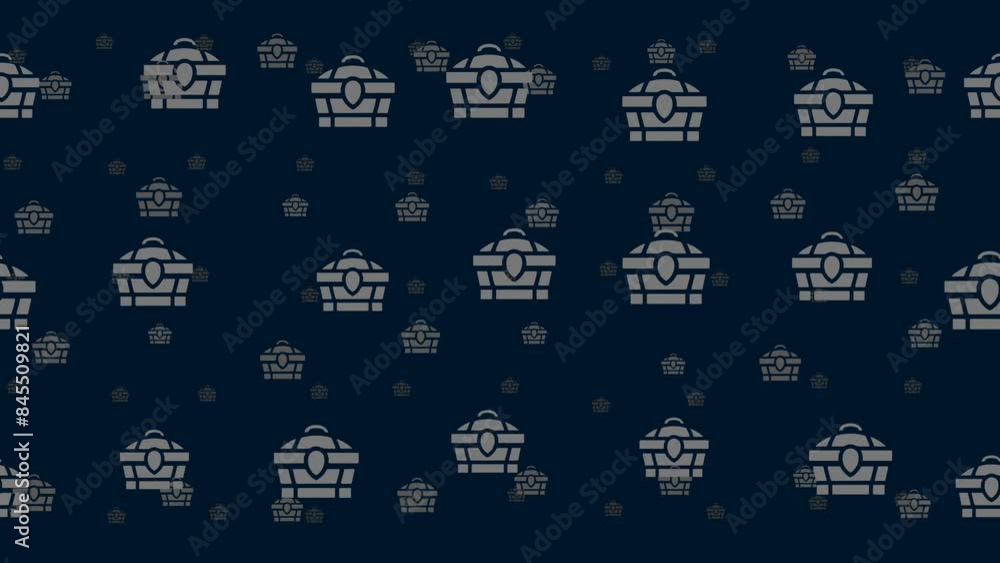Poster treasure chest symbols float horizontally from left to right. parallax fly effect. floating symbols 