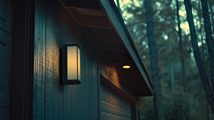 An outdoor light on the side wall of a garage, taken during the evening with natural lighting, illuminating and casting warm light over part of one door.