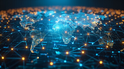 Obraz premium Digital illustration of global network and business logistics concept with small connected dots on a blue world map background. International import, export, distribution and transportation concept. 
