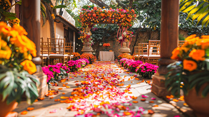 Beautiful wedding ceremony setup with colorful floral decorations and traditional elements