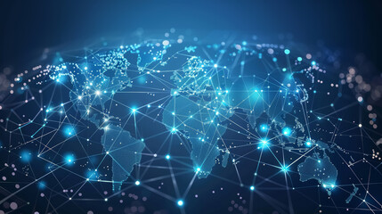 Obraz premium Digital illustration of global network and business logistics concept with connected glowing icons on a blue world map background. International import, export, distribution and transportation. 