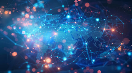 Digital illustration of global network and business logistics concept with connected glowing dots on a blue world map background. International import/export, distribution and transportation concept. 