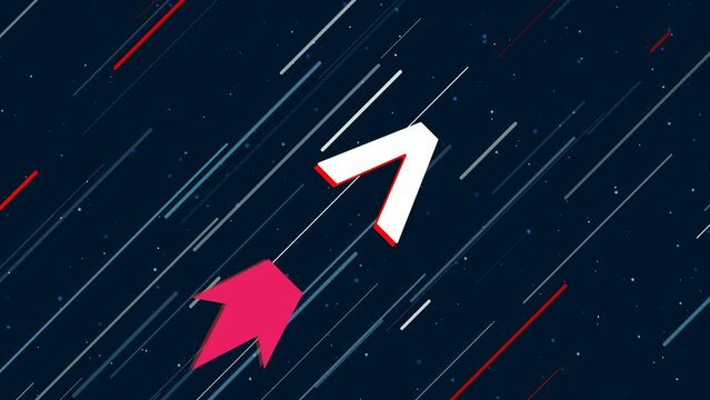 Greater symbol flies through the universe on a jet propulsion. The symbol in the center is shaking due to high speed. Seamless looped 4k animation on dark blue background with stars