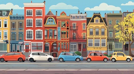 Fototapeta premium Cultural Crossroads: Images of City Cars in Front of Diverse Urban Neighborhoods and Landmarks