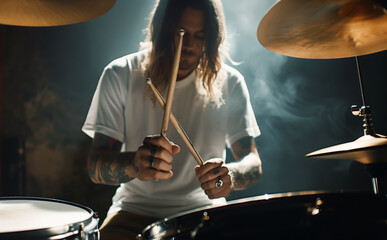 Live rock concert drummer photo sitting at full-size drum kit. Low light stage shot during famous heavy rock band world tour. Music show entertainment, art people concept image.