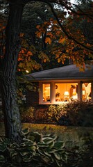 A window on the side of an American house with white trim, seen from outside at nighttime, softly illuminated.