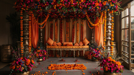 Beautifully decorated wedding stage with traditional Indian elements and vibrant colors